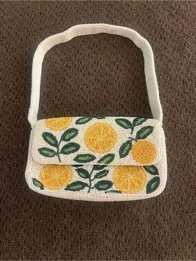 NWOT Beaded White Citrus Shoulder Bag with Yellow Orange Motif
